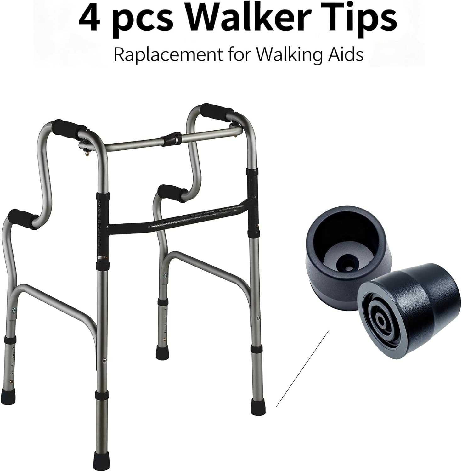 Rubber 4 Pcs Walker Tips 1 1/8'' Heavy Duty, Replacement Tips for Walkers, Commo