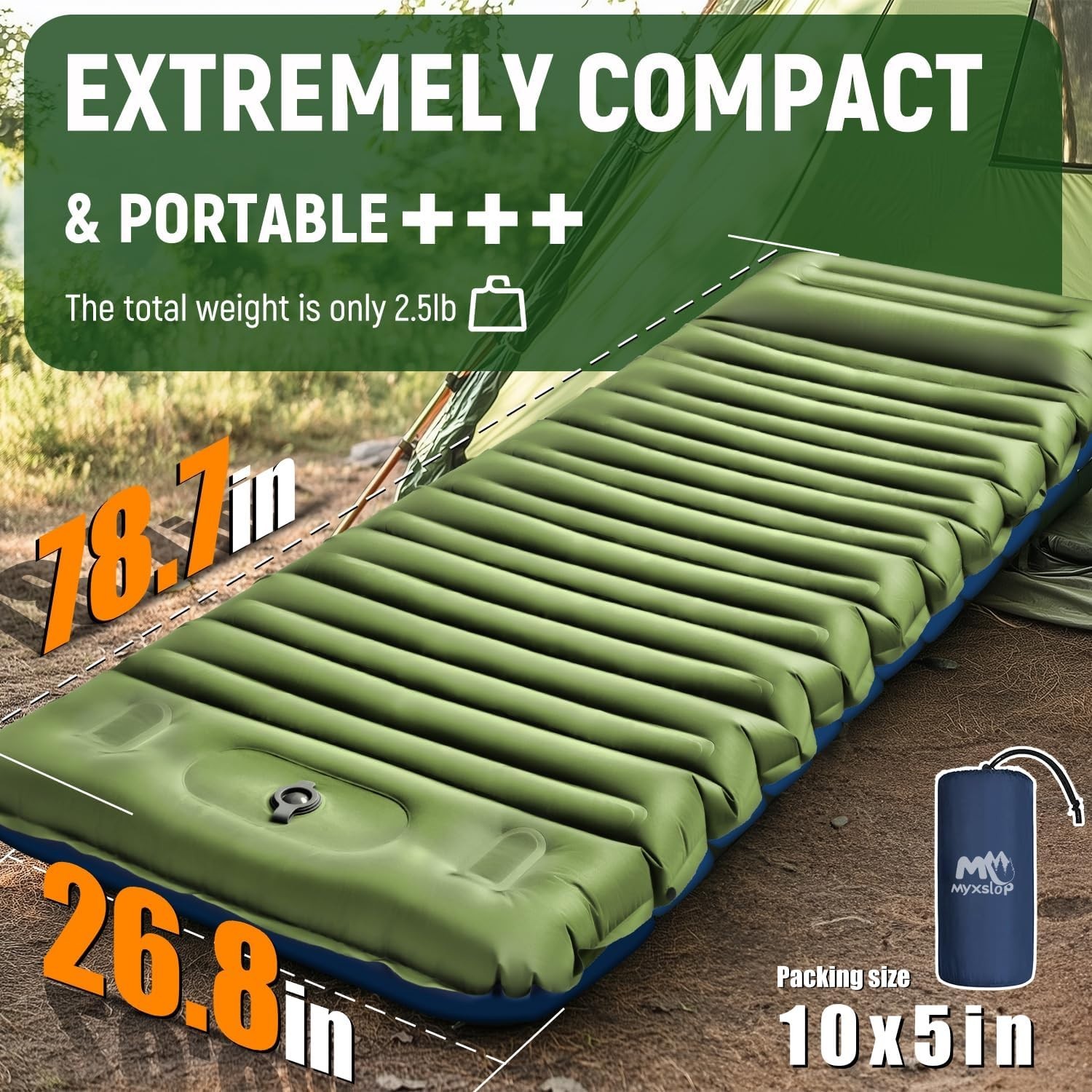 Ultralight 5 Inch Camping Sleeping Pad with Built-In Pillow & Pump Green