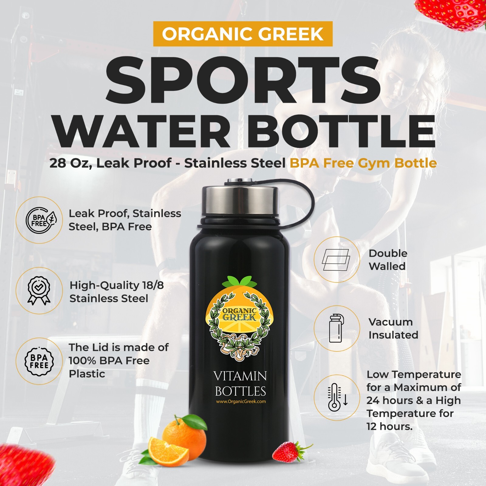 Organic Greek Sports Water Bottle - 28 Oz, Leak Proof - Black Stainless Steel