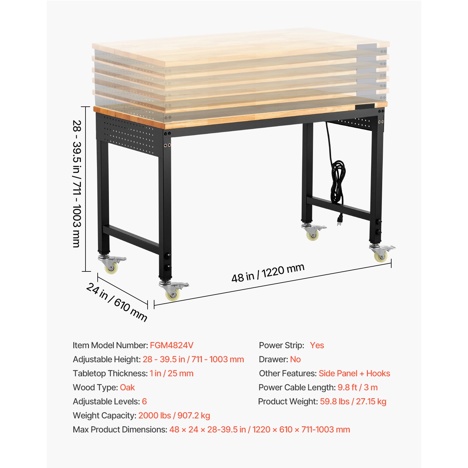 48" Adjustable Height Workbench on Wheels with Power Outlet & Pegboard