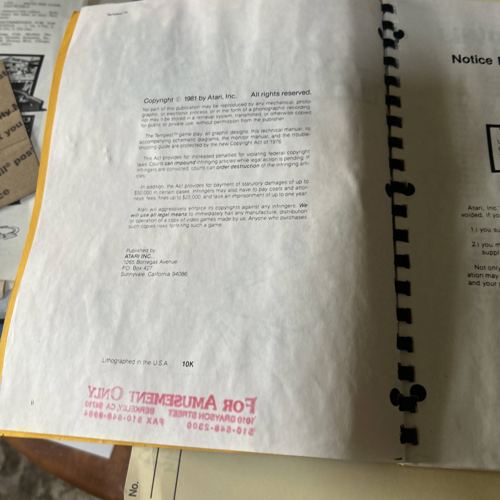 Copy? Atari Tempest Arcade Video game manual