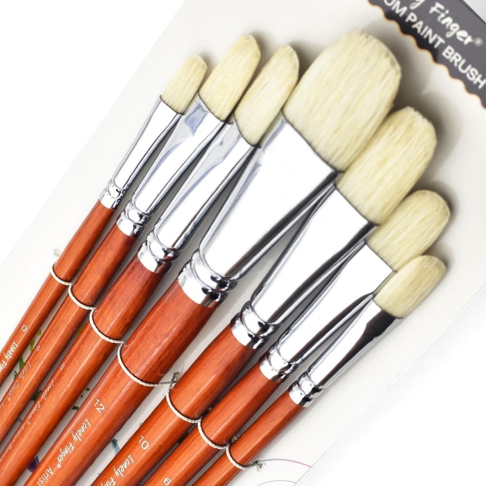 Professional Hog Bristle Filbert Oil Paint Brushes Set, 7pcs Long Wooden Handle