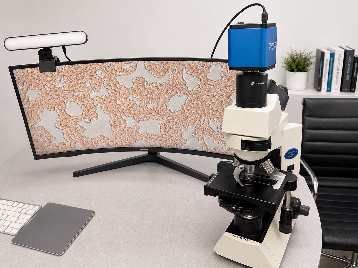 Olympus CX41RF TriNocular Phase Contrast Microscope 4X-100X  w/ BIOMEDX Camera