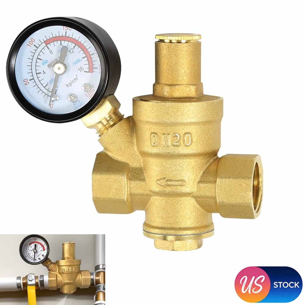 DN20 Brass Water Pressure Regulator 3/4'' Reducing Valve Water Reducer w/ Gauge