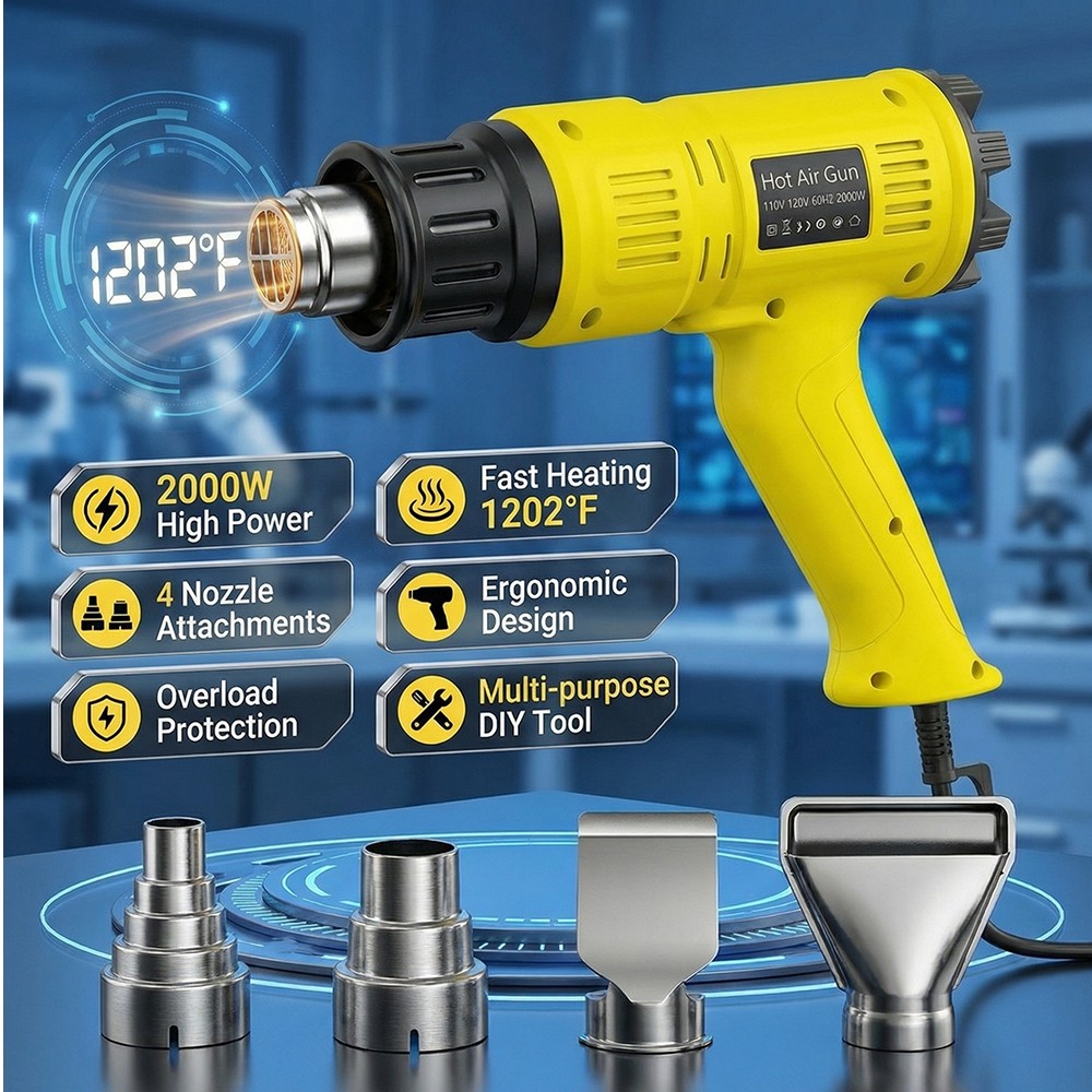 Heat Gun 2000W Hot Air Gun Heavy Duty Stepless Temp Power Heater Tool 4 Nozzles