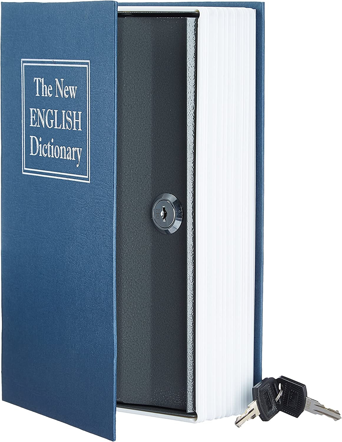 Caja fuerte tipo libro con cerradura y llave, color azul, tamaño grande