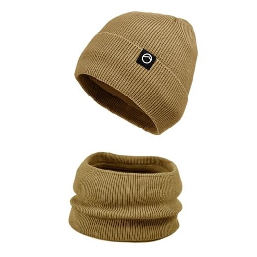 Winter Beanie Hat Scarf Set For Men Women,Skull Cap with Khaki Beanie&scarf