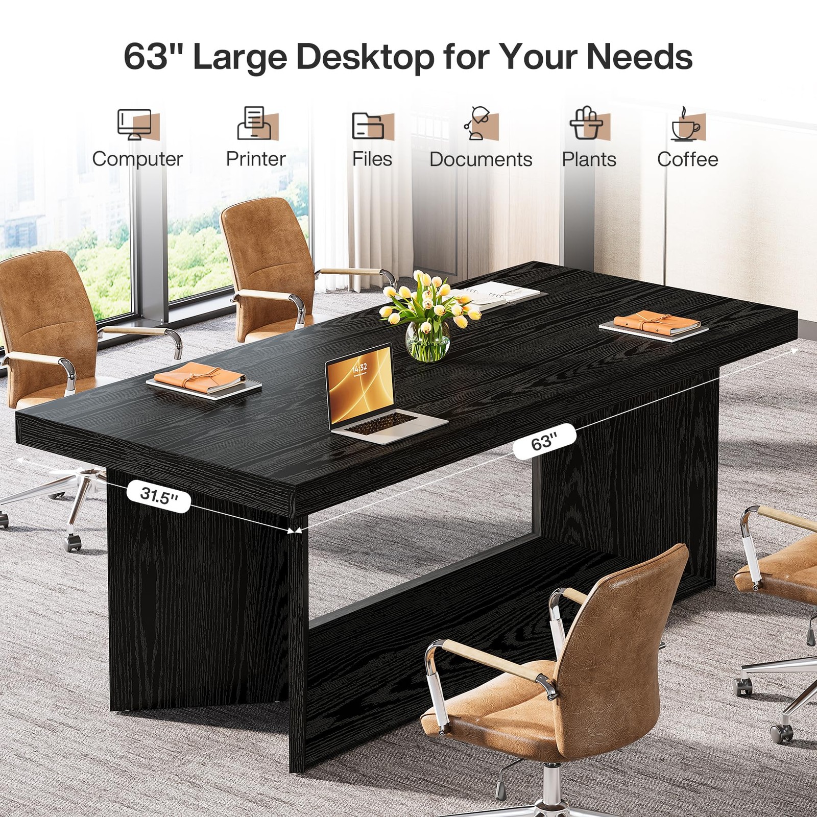 63英寸大号行政重型Pedestal Writing Desk 家庭办公 黑色