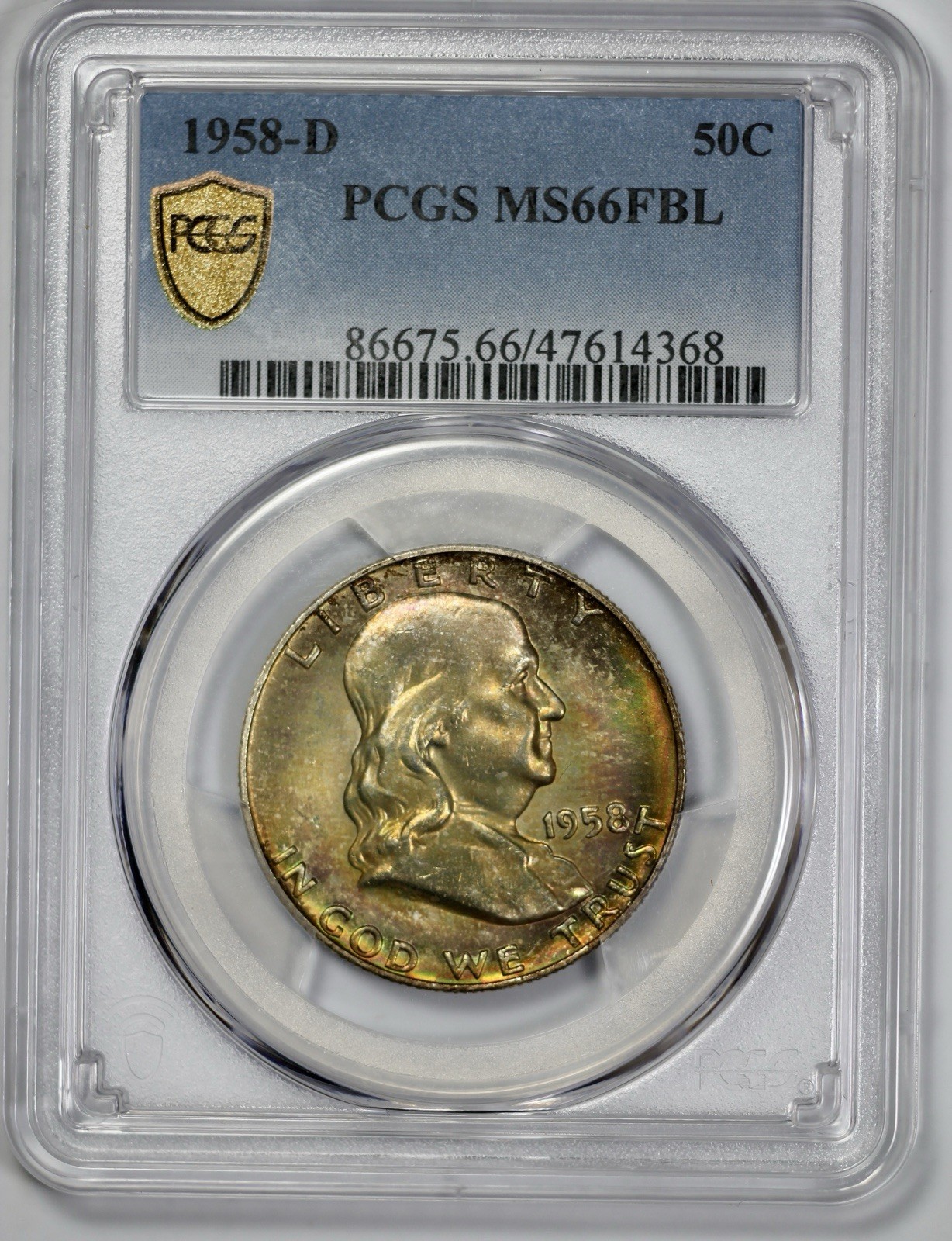 1958-D Franklin 50c Silver Half Dollar PCGS MS 66 FBL Toned Full Bell Lines