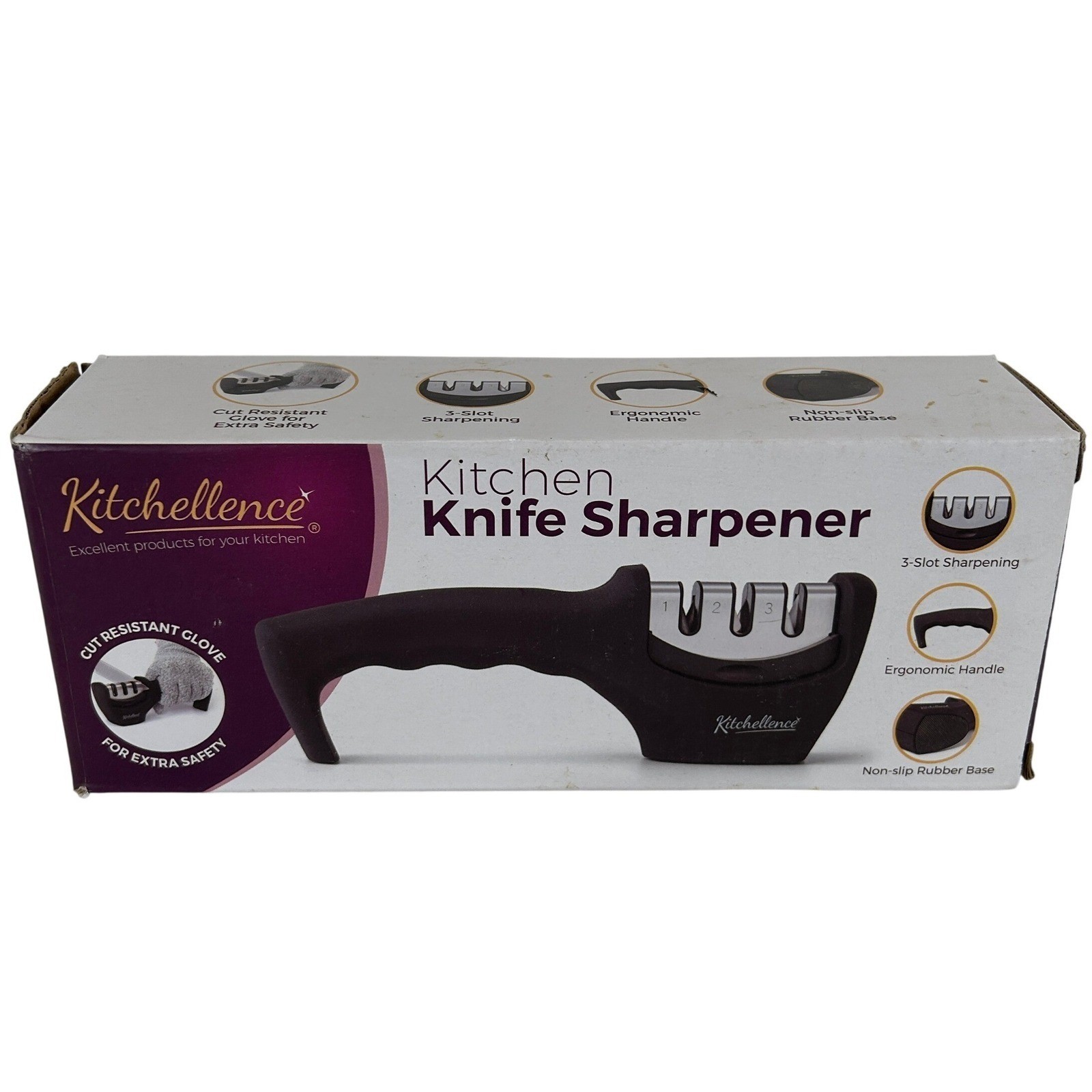 Kitchellence 3 Stage Kitchen Knife Sharpener KS37 Black with Cut Resistant Glove