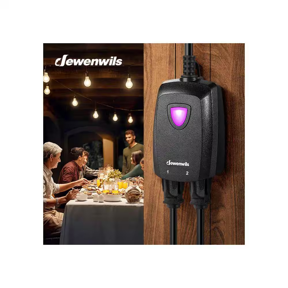 Outdoor Wireless Remote Control Outlet, 2 Independent Control Sockets, Black