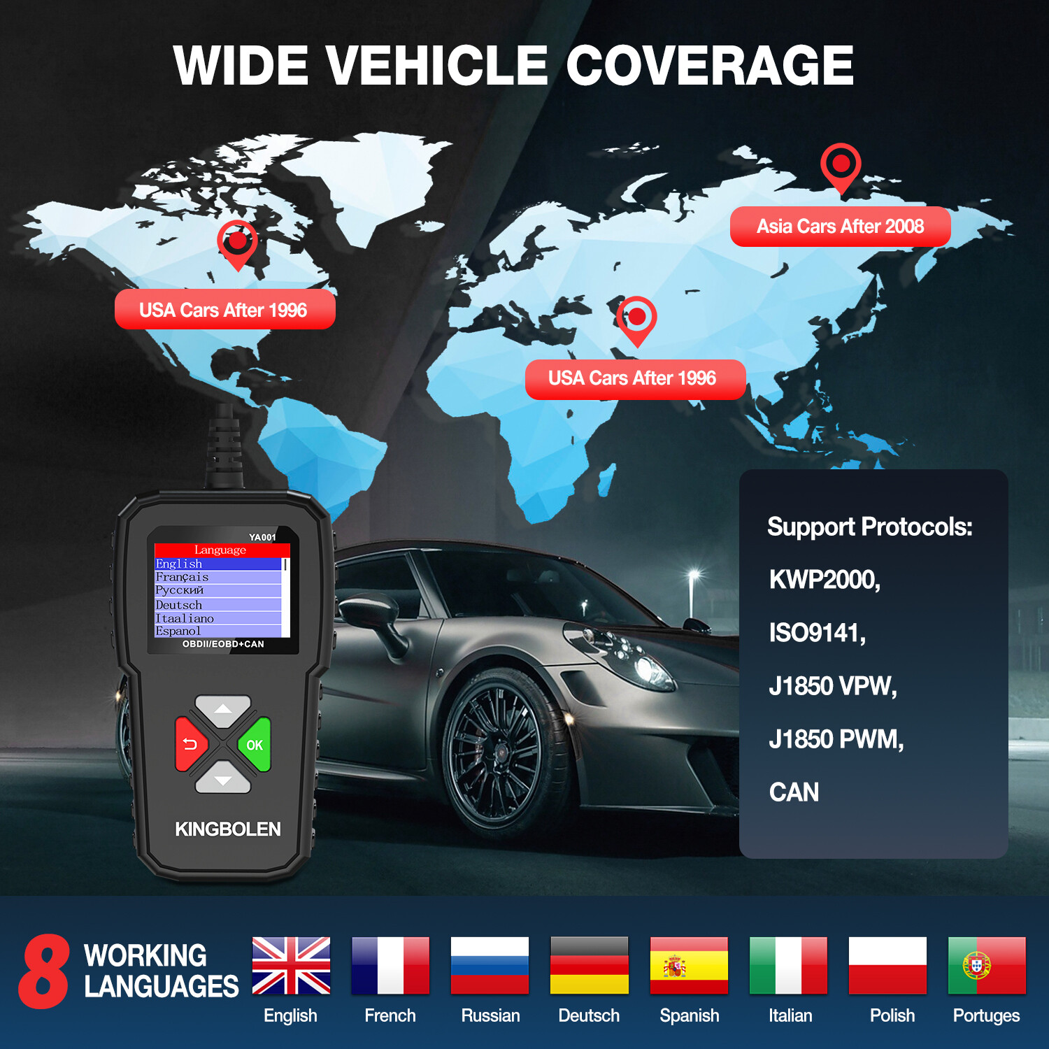 KINGBOLEN YA001 OBD2 Scanner Code Reader Clear Car Check Engine Diagnostic Tool
