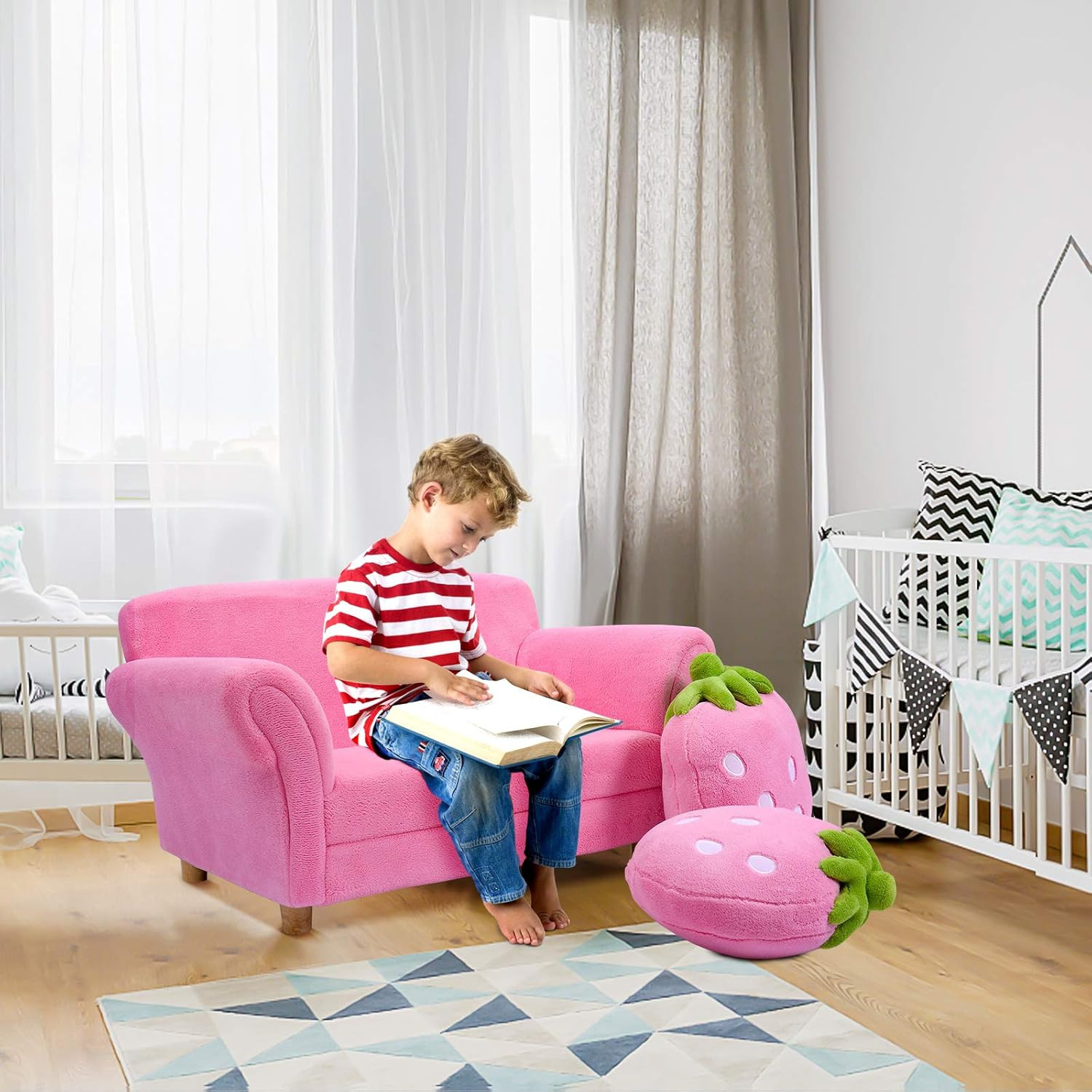 Kids Sofa, Children Upholstered Loveseat Lounge Bed W/ 2 Cute Strawberry Pillows