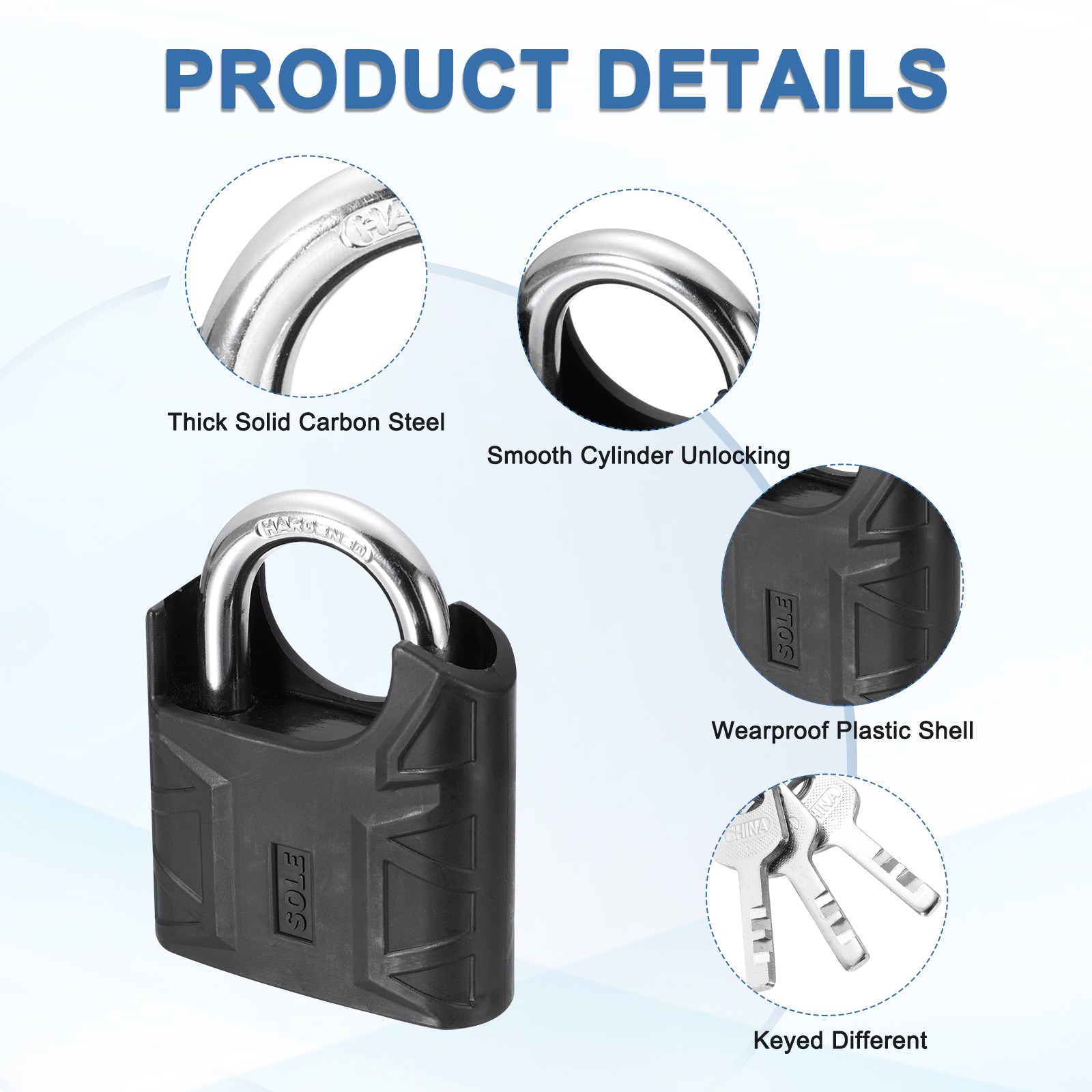 High Security Solid Steel Padlock with Key, Black (2-3/8 Inch)