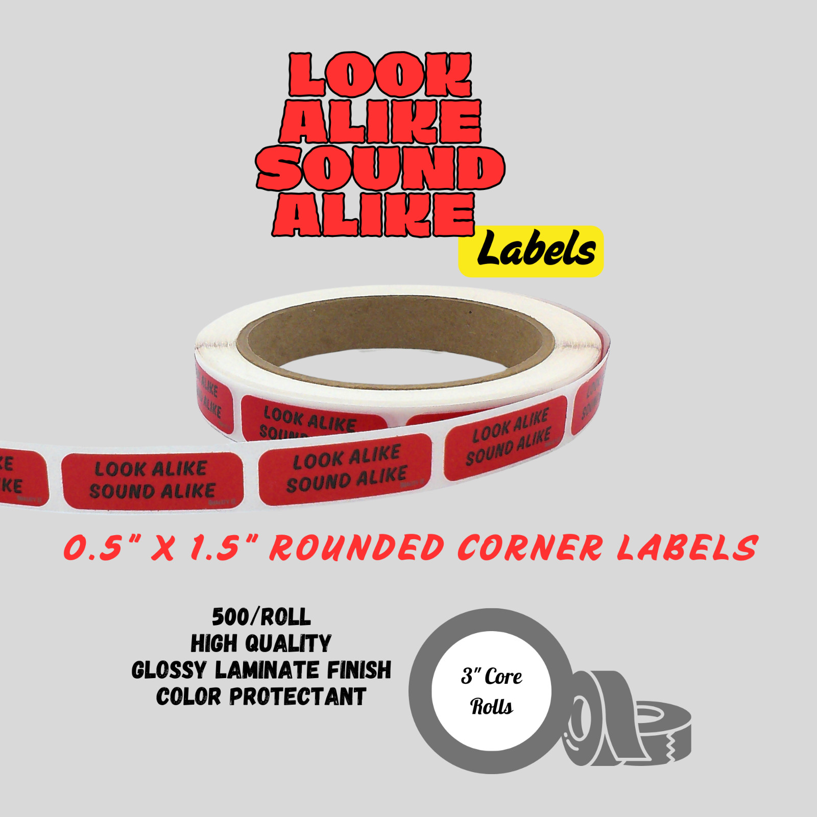 Look Alike Sound Alike, Red Labels 0.5" x 1.5" (1 roll of 500) SKU# XX-HG79-U3WD