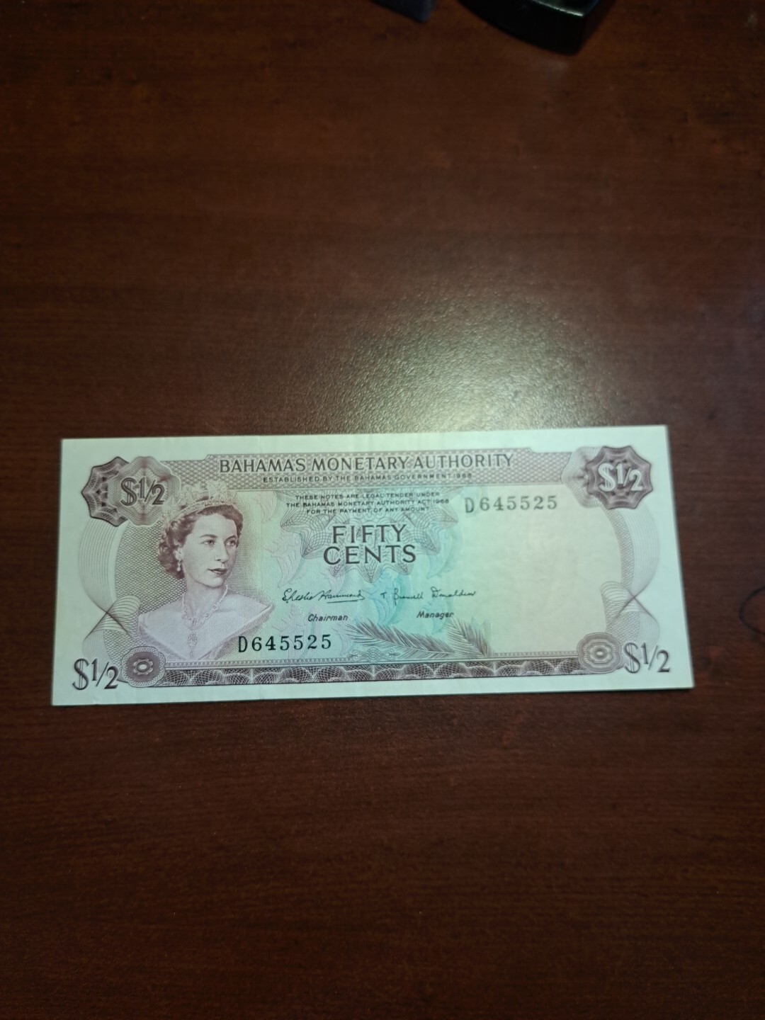 1968 BAHAMAS GOVERNMENT FIFTY 50 CENTS BANKNOTE - QUEEN ELIZABETH II