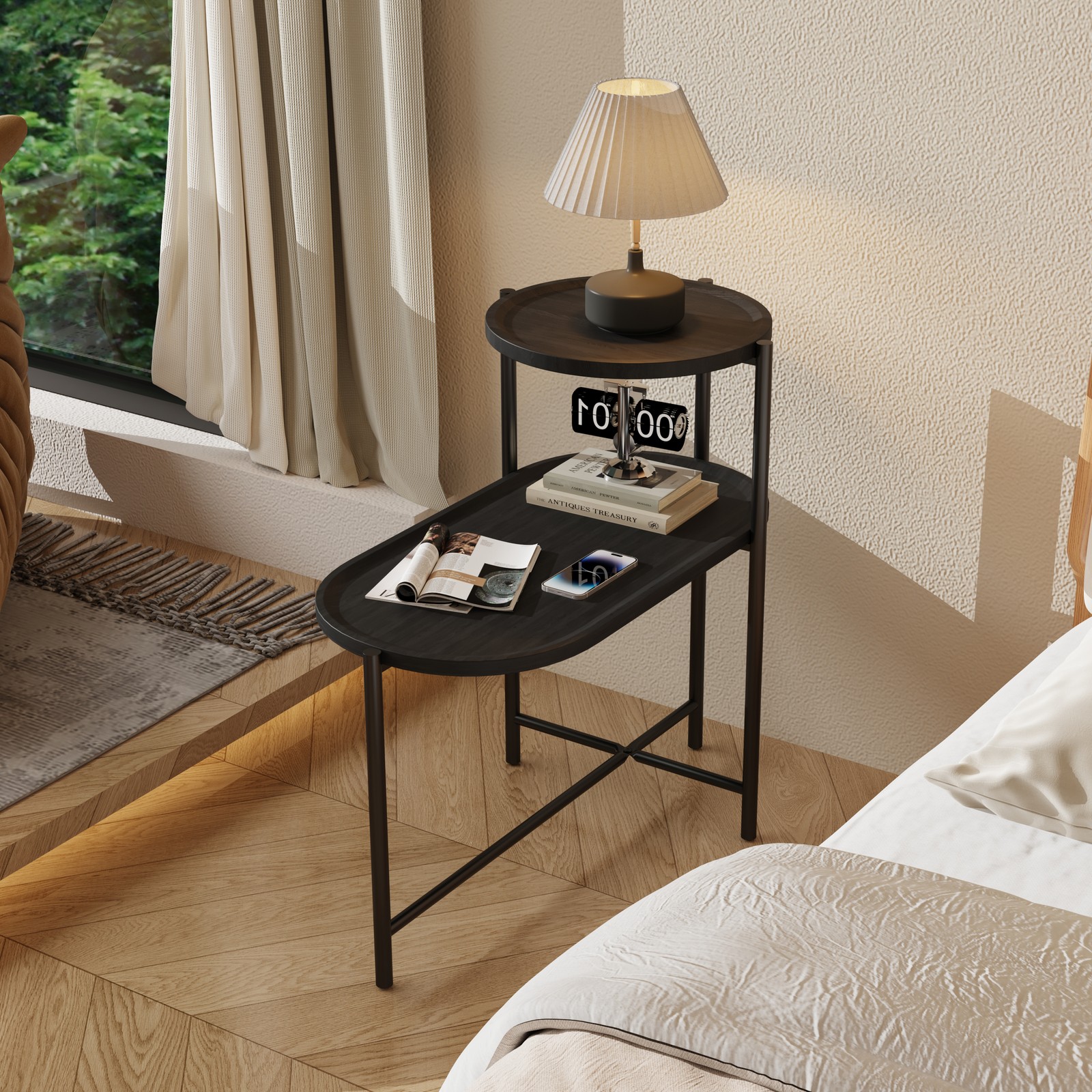 Round Coffee Table with Storage Tray 2 Tier End Tables Wooden Small Side Table