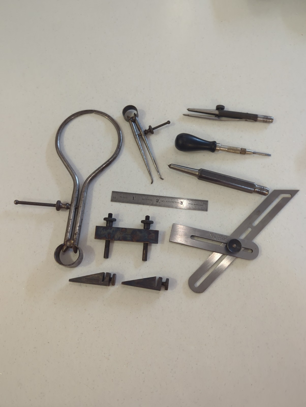 Vintage L.S. Starrett Co.  Universal Bevel, Precision Divider, Rule Clamp + More