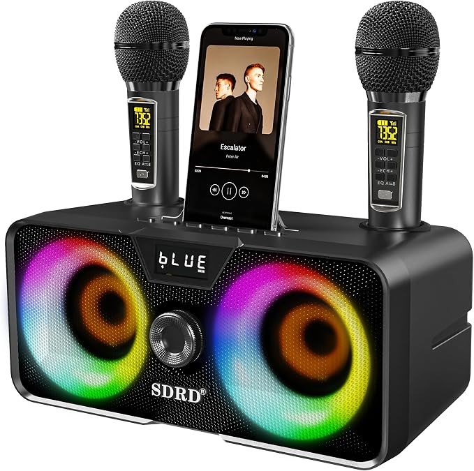 Karaoke Machine with 2 UHF Wireless Microphones Bluetooth Speaker LED Lights
