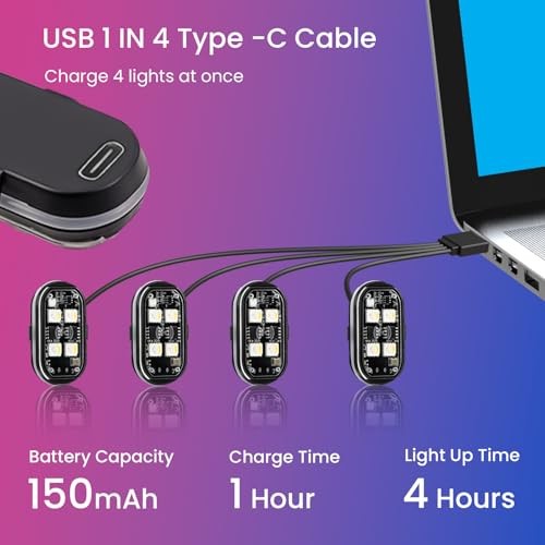 4PCS Wireless Led Strobe Lights for Car,USB Type C Rechargeable Flashing