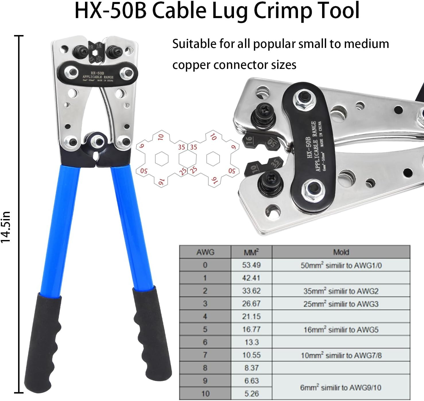 Cable Lug Crimping Tool with 100Pcs Copper Wire Lugs, Battery Cable Lug