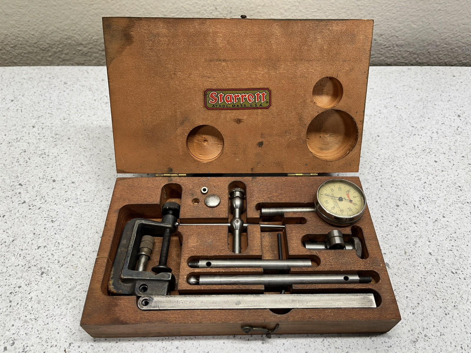 Vintage Starrett Universal Plunger Dial Indicator, Wooden Box & Missing Pc.