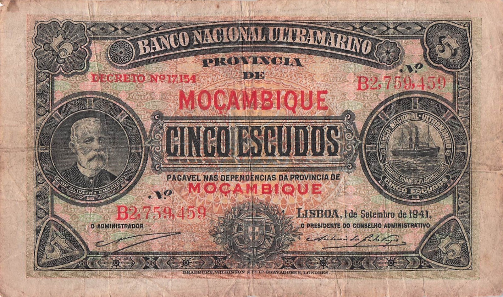 Mozambique  5  Escudos  1.9.1941  P 83  Series  B Circulated Banknote G 11