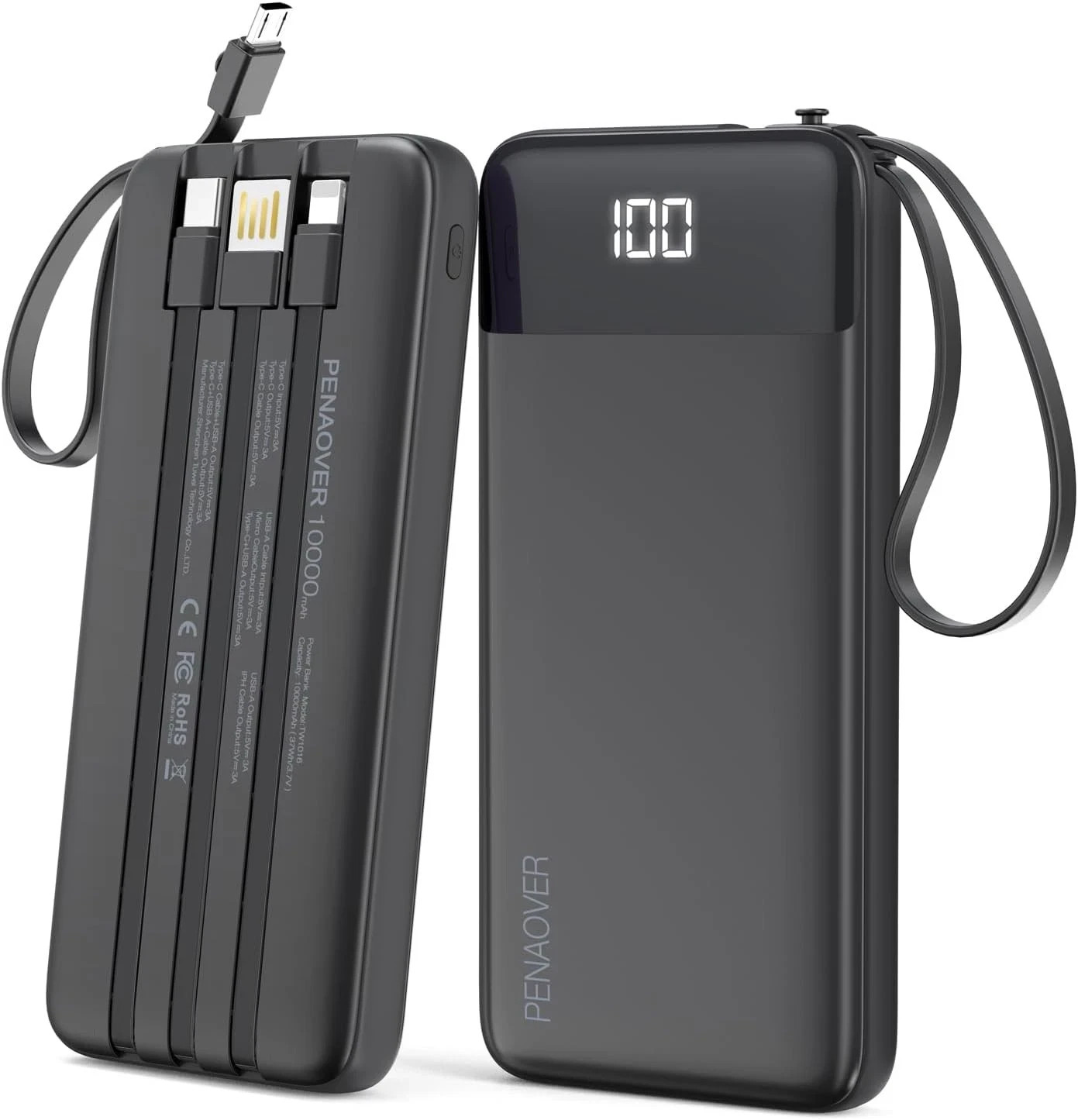 Portable 10000mAh Power Bank Built-in Cables LED Display USB-C Charger Black