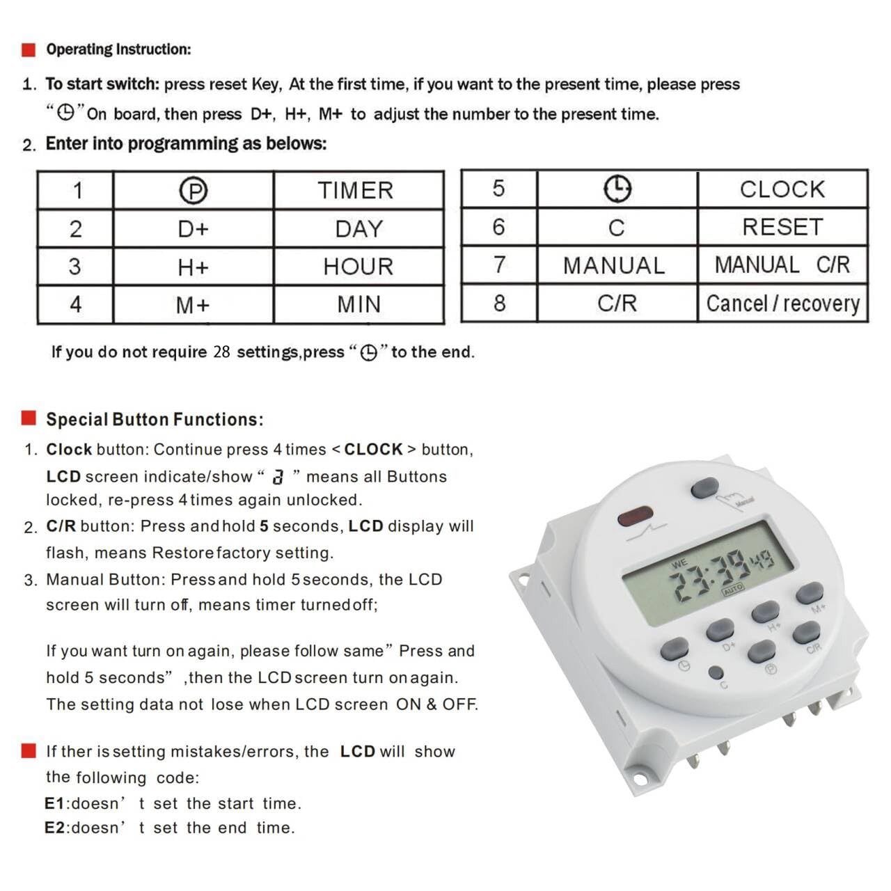 Baomain Time Switch Relay,Digital LCD Programmable Timer,110V AC Timer, White