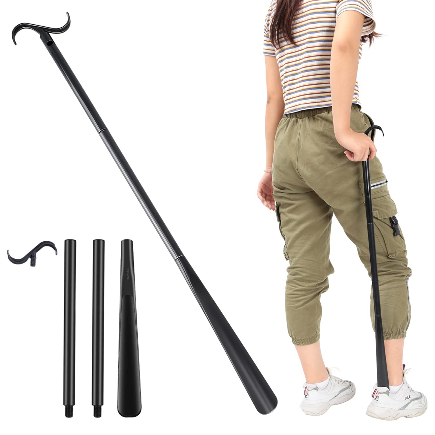 35" Long Dressing Stick with Shoe Horn with Sock Removal Tool, Adjustable Ext...