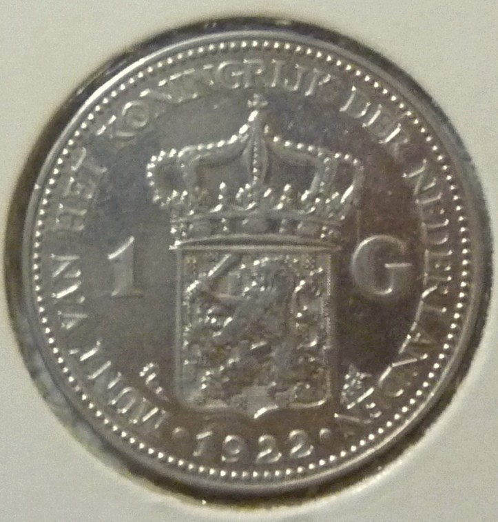 1922 NETHERLANDS - 1 GULDEN - WILHELMINA I - .945 SILVER - HIGH GRADE - KM# 161