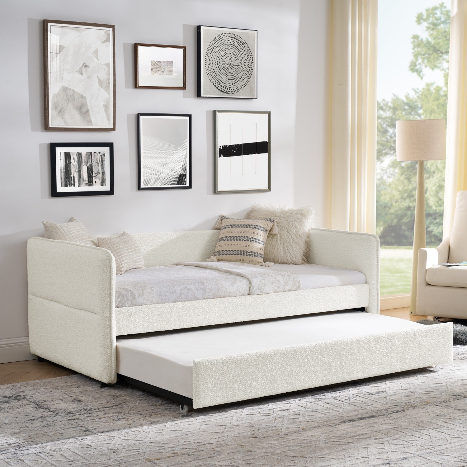 Twin/Full Daybed Modern Boucle Upholstered Sofa Bed with Pull-Out Trundle Beige