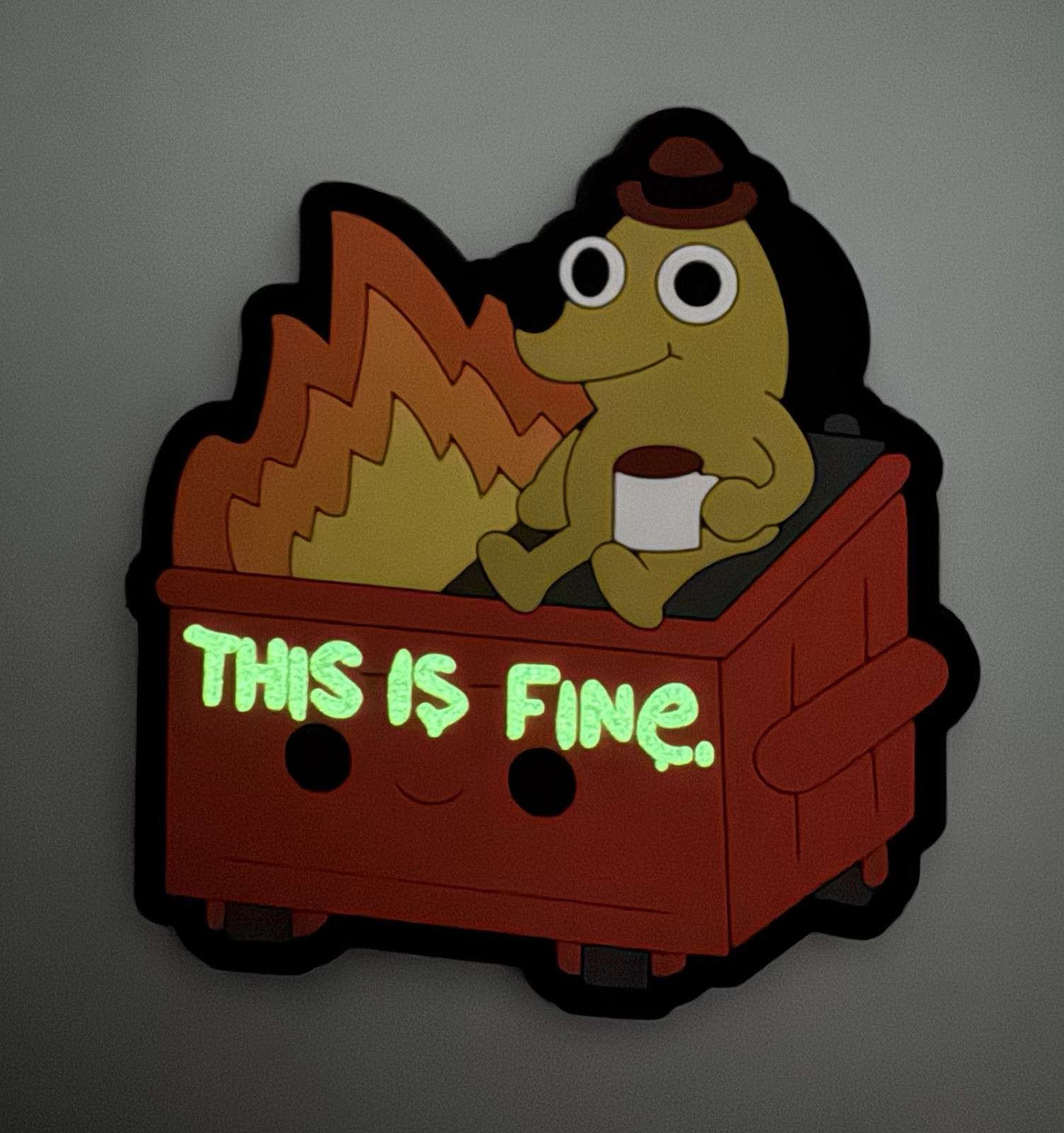 This Is Fine Dumpster Fire Rubber PVC Hook/Loop Morale Patch Glow In The Dark
