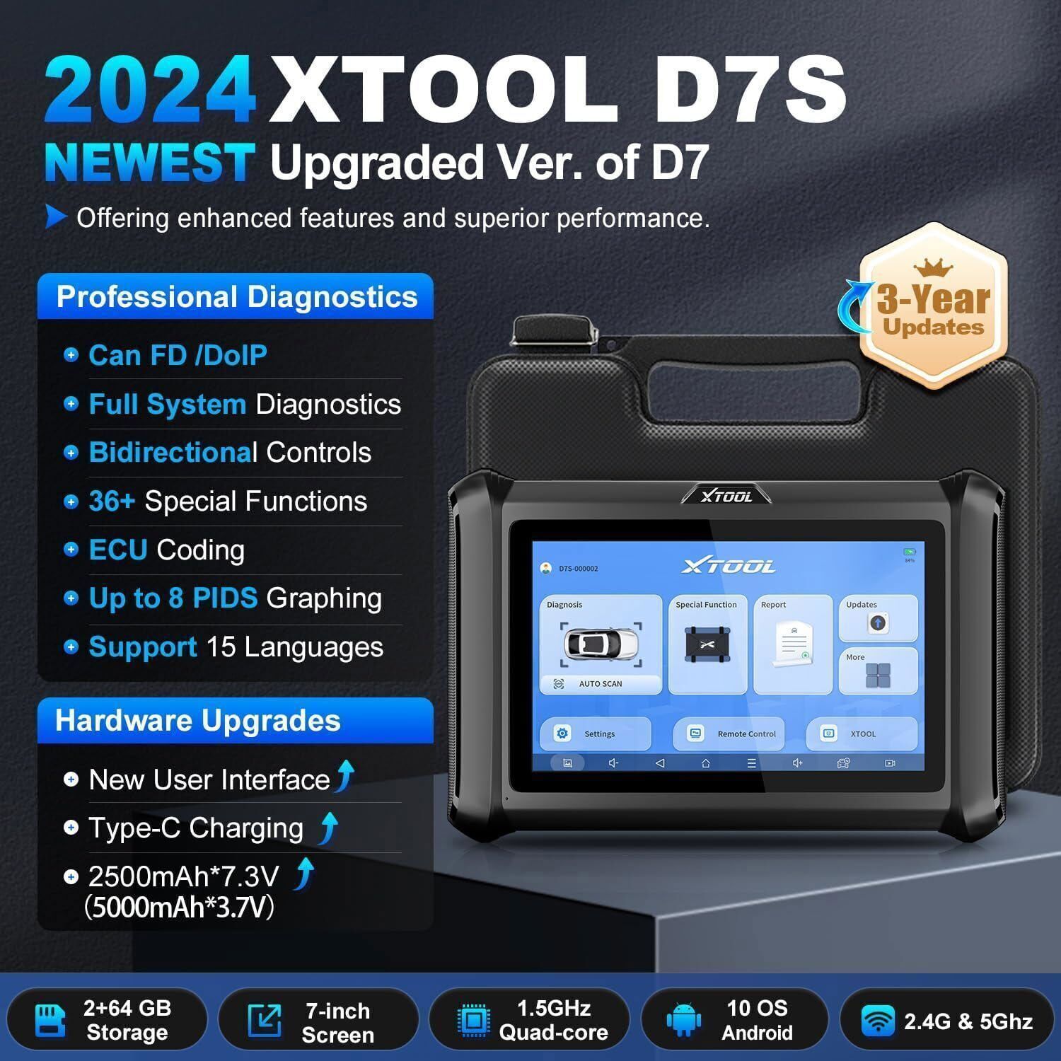 XTOOL D7S V2.0 All System Diagnostic Bi-Directional Scan Tool Key & ECU Coding