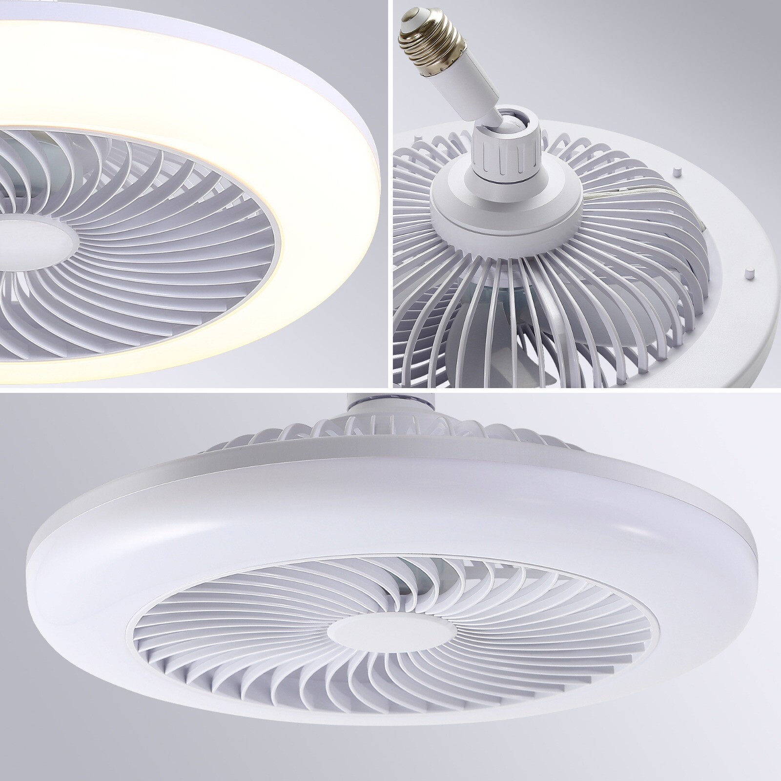 Small 11in Socket Bladeless Ceiling Fan & Dimmable LED/3 Speeds/Easy Install Fan