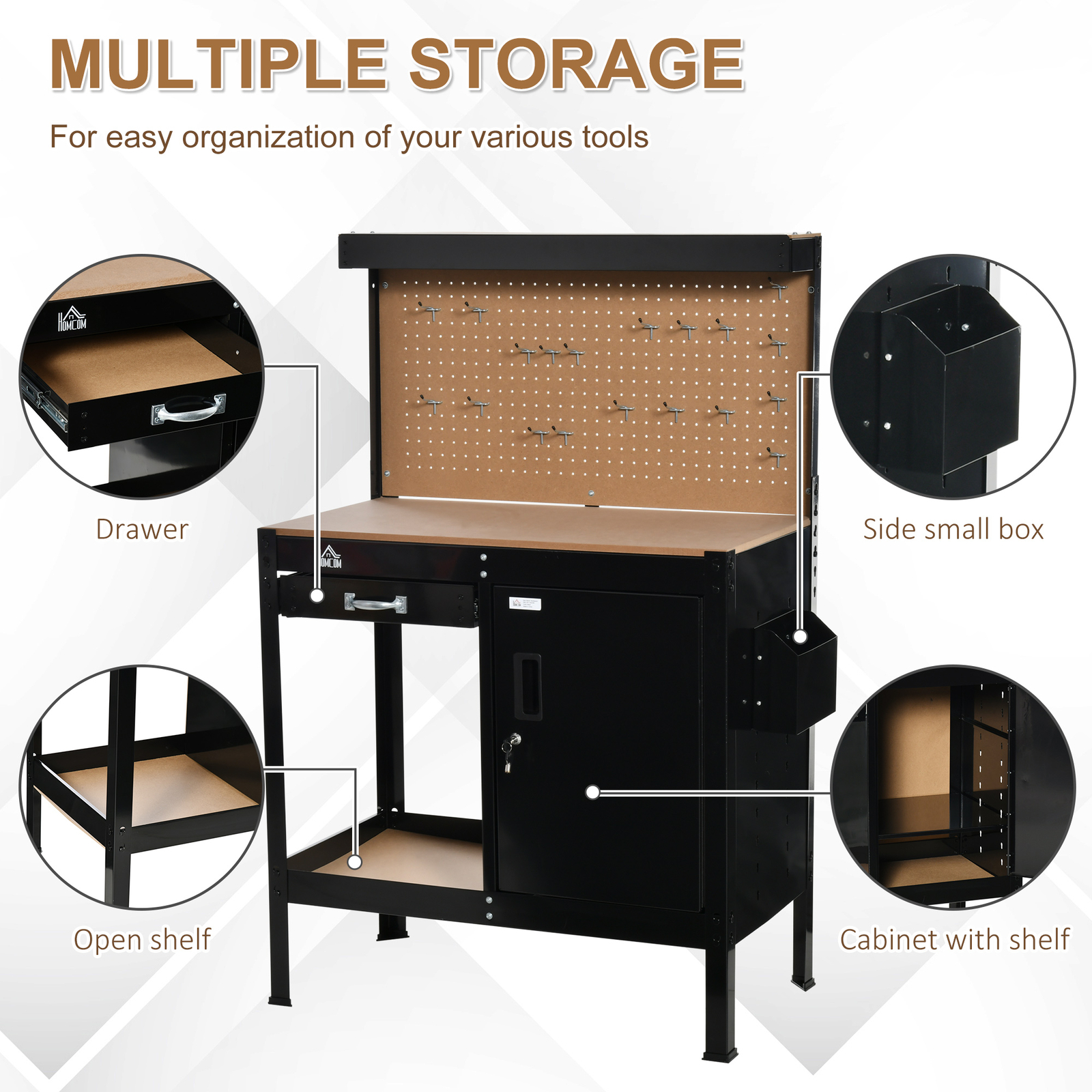 Garage Tool Storage Desk Work Bench Workshop Table with Drawer & Peg Board