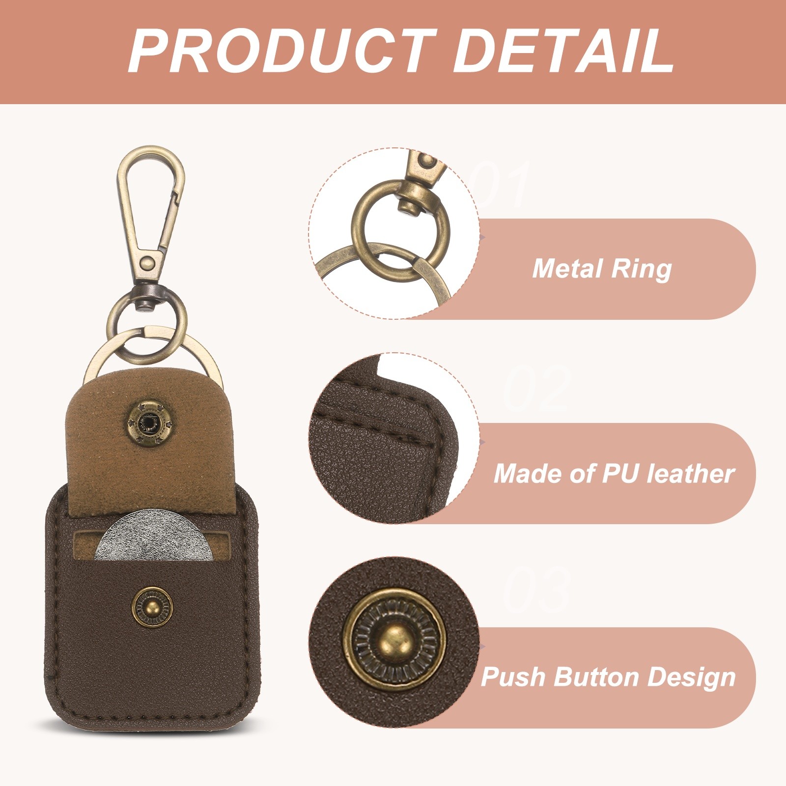 3 Pack Quarter Leather Keychain, PU Leather Key Ring Coin Case, Mud Color