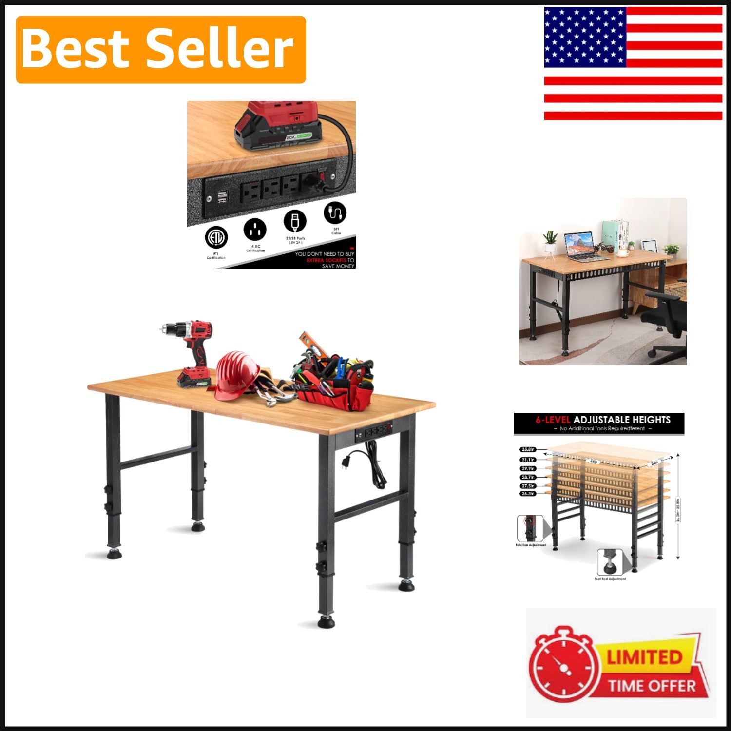 48" Adjustable Workbench - 2000 lbs Capacity with  Certified Power Outlet