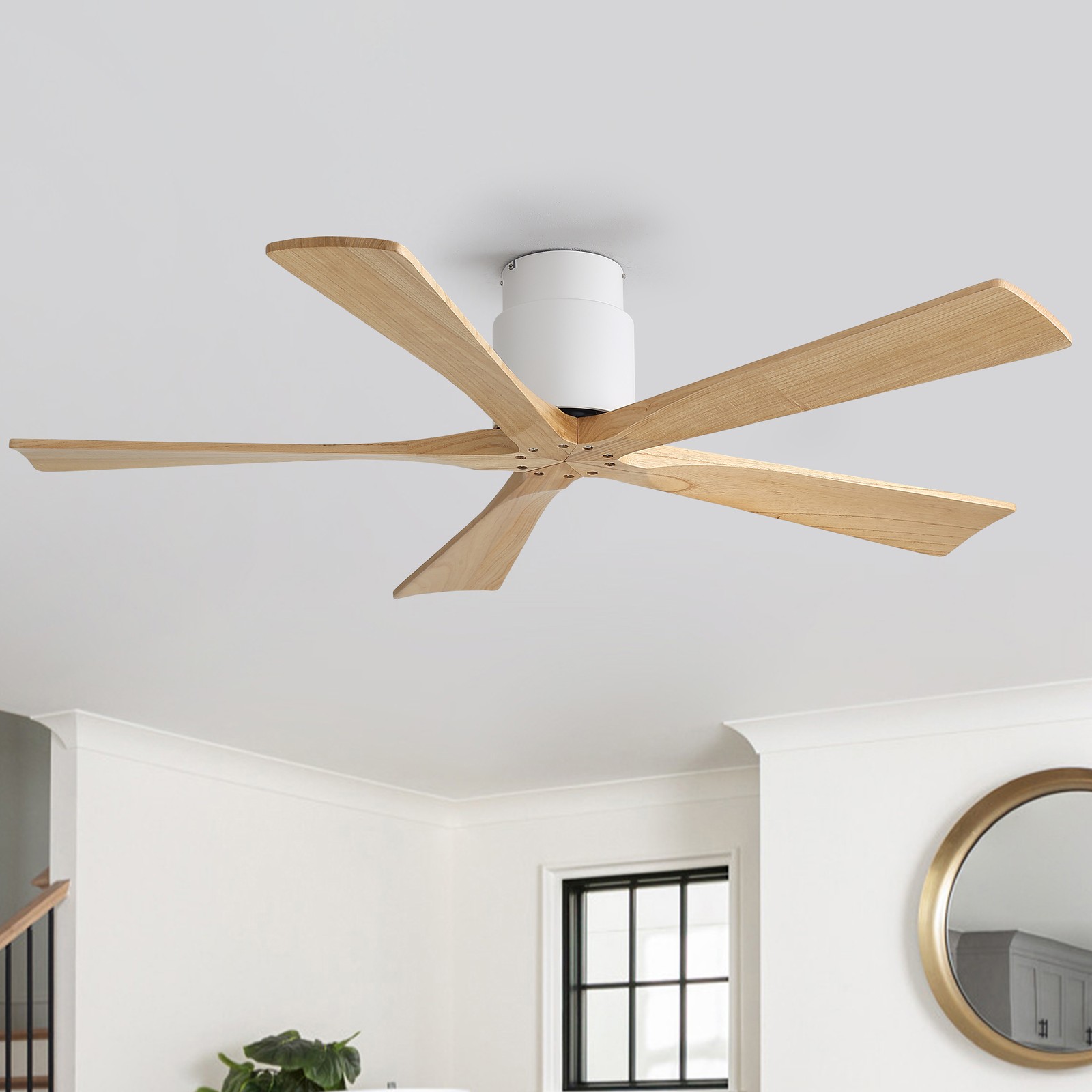 52" Solid Wood Flush Mount Ceiling Fan with Remote & Silent DC Motor Reversible