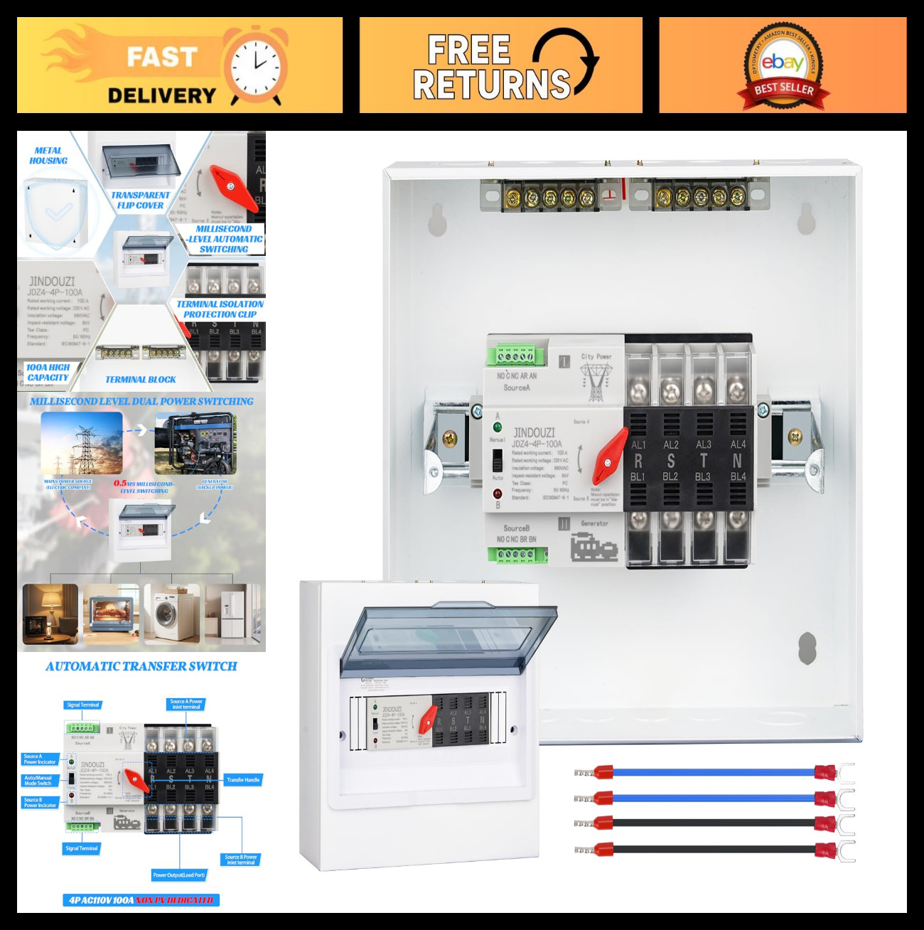 Automatic Transfer Switch 100A 220V Dual Power Millisecond Switch with Metal Box