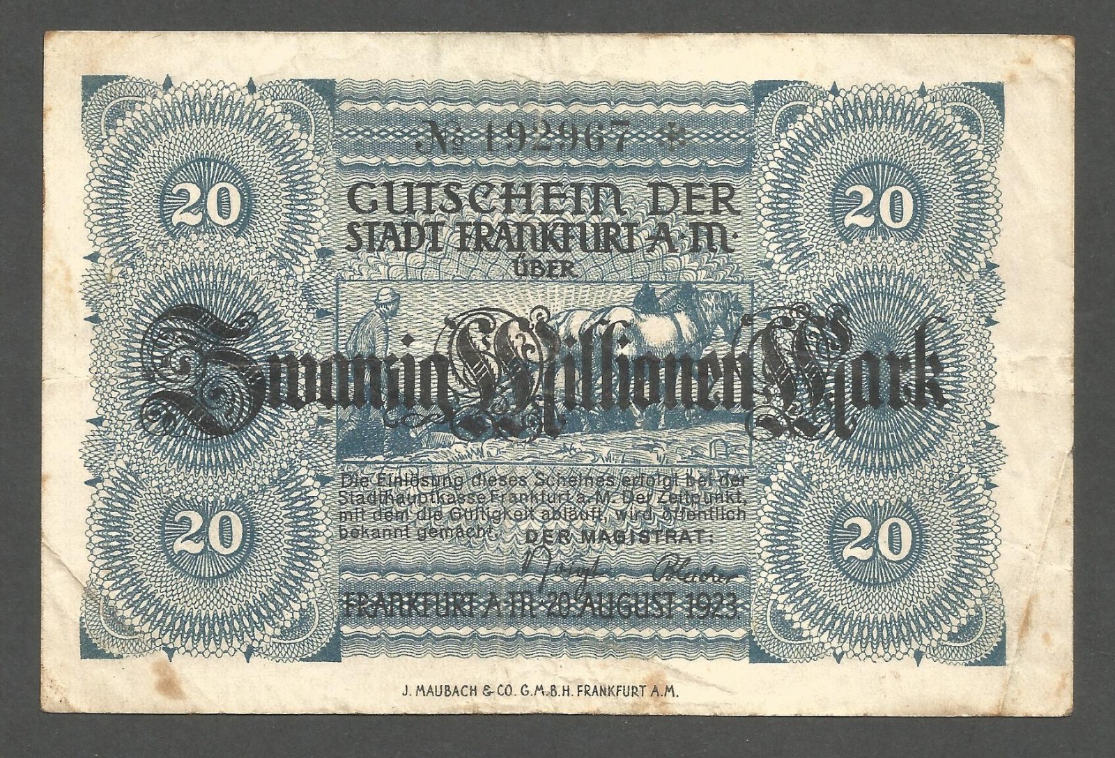 Germany - Frankfurt, 20 Million Mark, 20.8.1923; F; K-1522i; Inflation notgeld