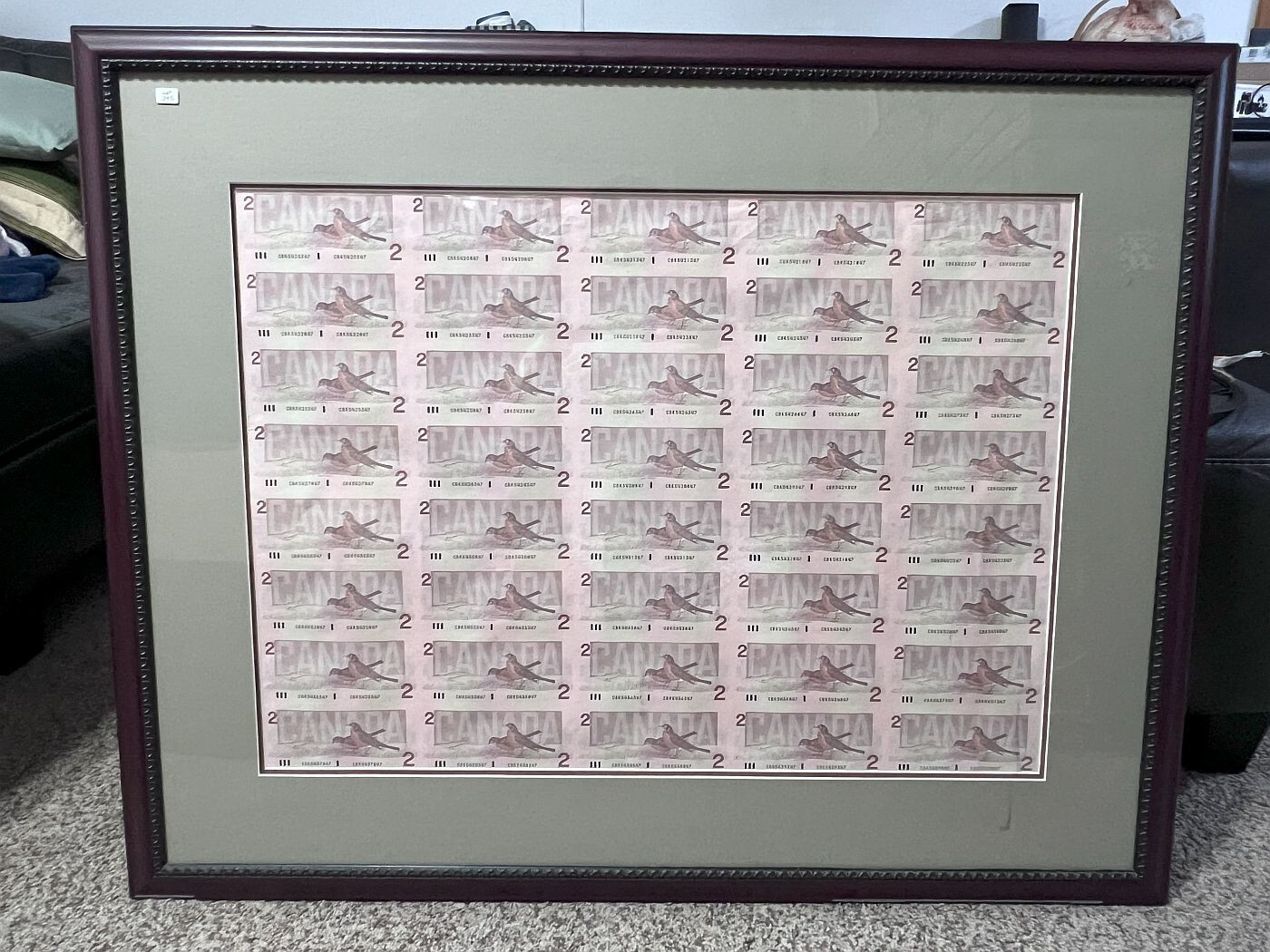 1986 $2 Bank Of Canada Uncut Sheet Of 40 Two Dollar Banknotes Framed Hang