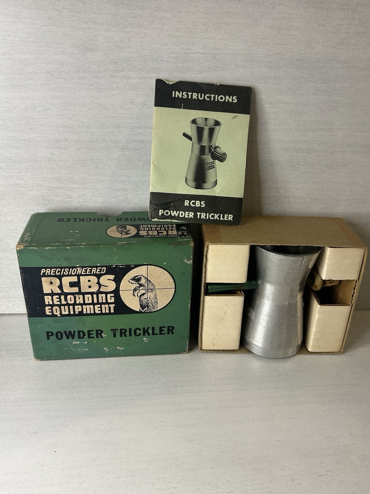 Vtg RCBS Powder Trickler Gun Reloading Tool w/ Box & Instructions Green Tube