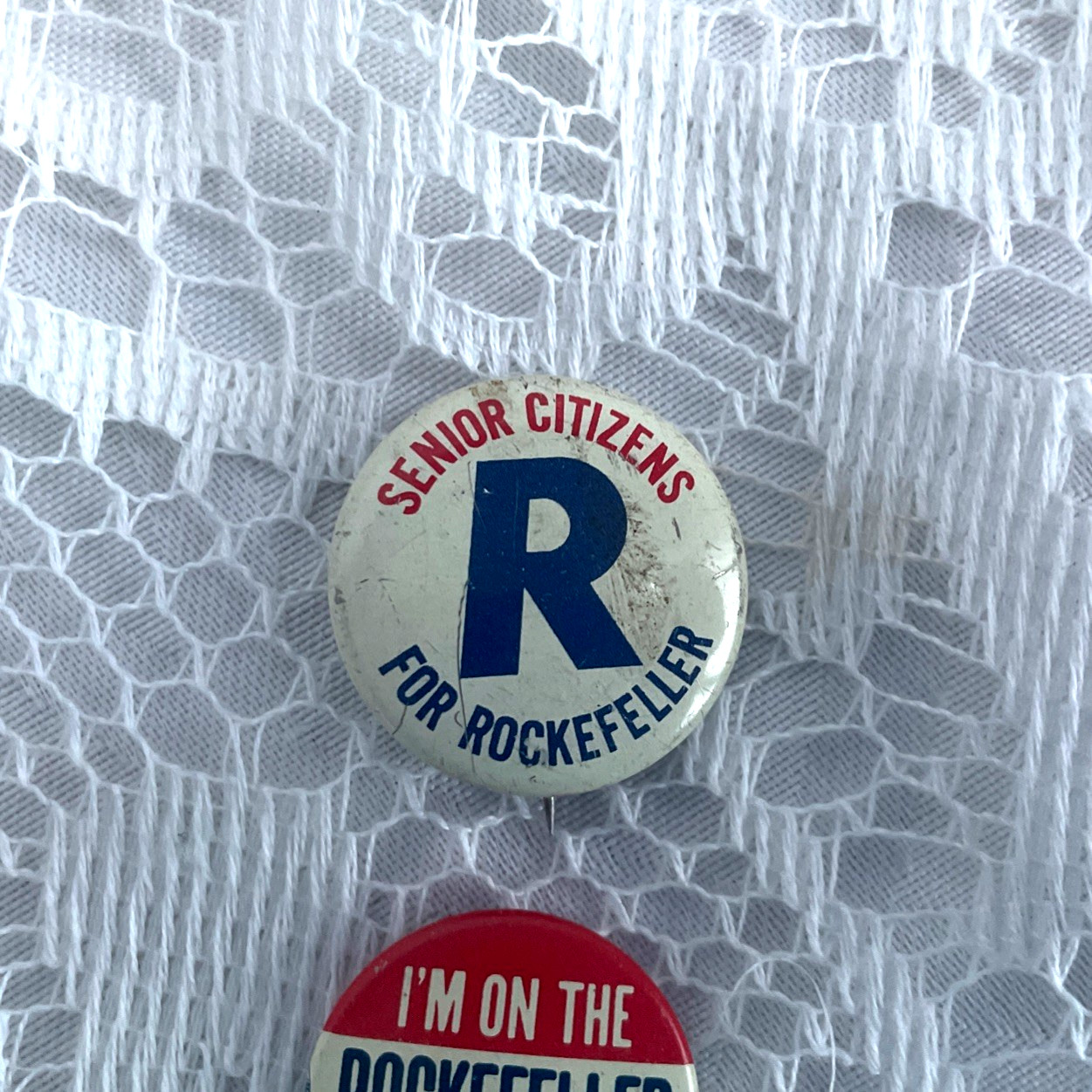 TWO ROCKEFELLER CAMPAIGN BUTTON PINS SENIOR CITIZENS & I'M ON TEAM