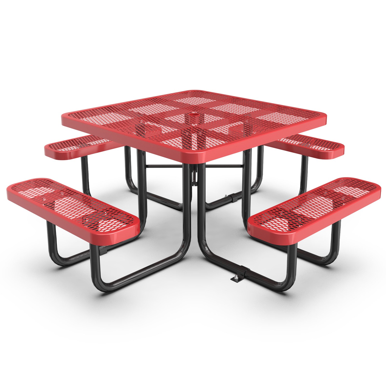 Square Table & Chair Set Red Steel with Umbrella Hole