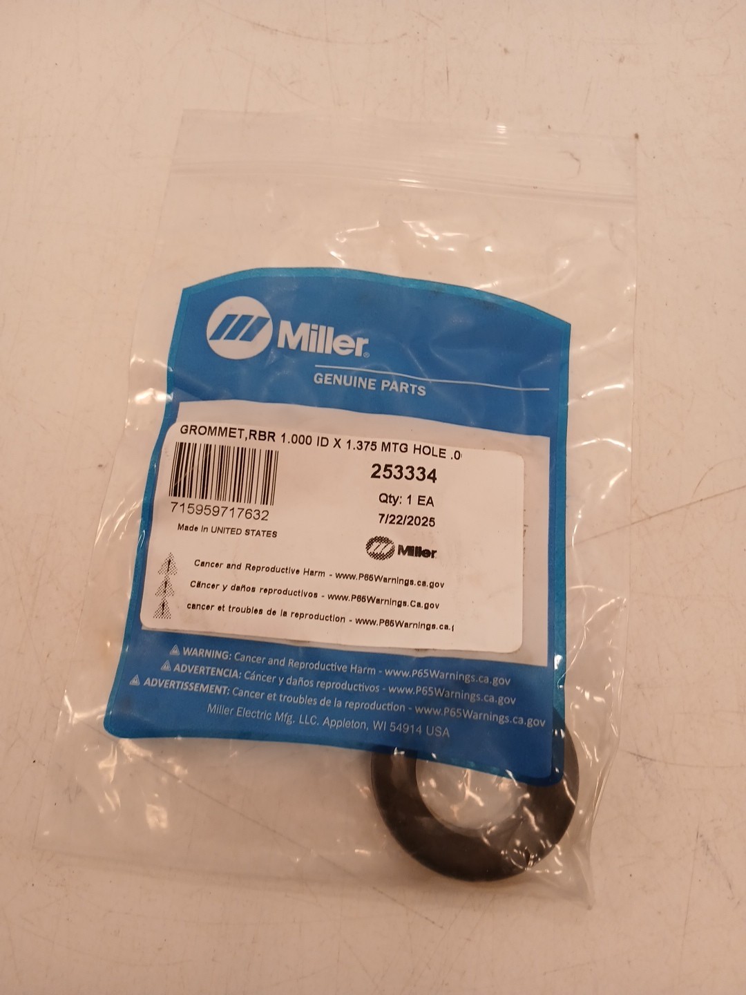 Miller Electric Grommet, RBR 1.000 ID X 1.375 MTG Hole .0 253334 1#