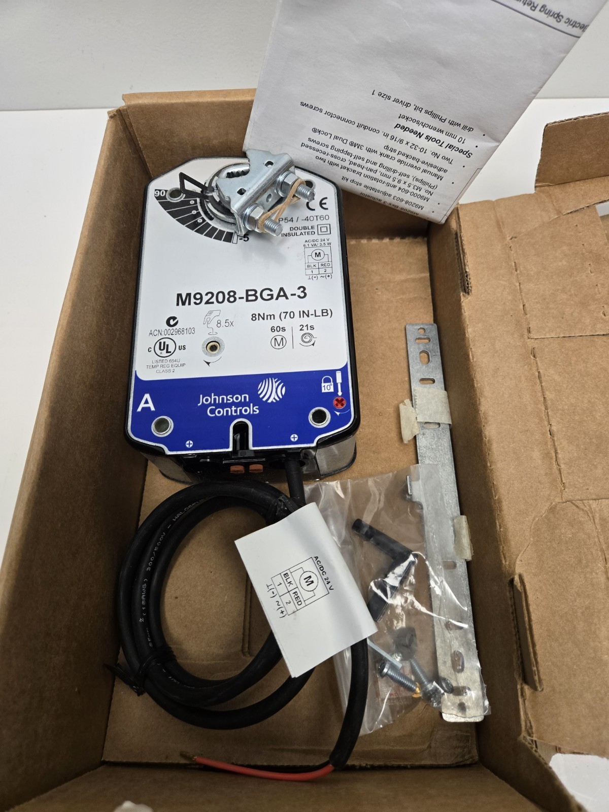 JOHNSON CONTROLS ELECTRIC SPRING-RETURN ACTUATOR M9208-BGA-3.