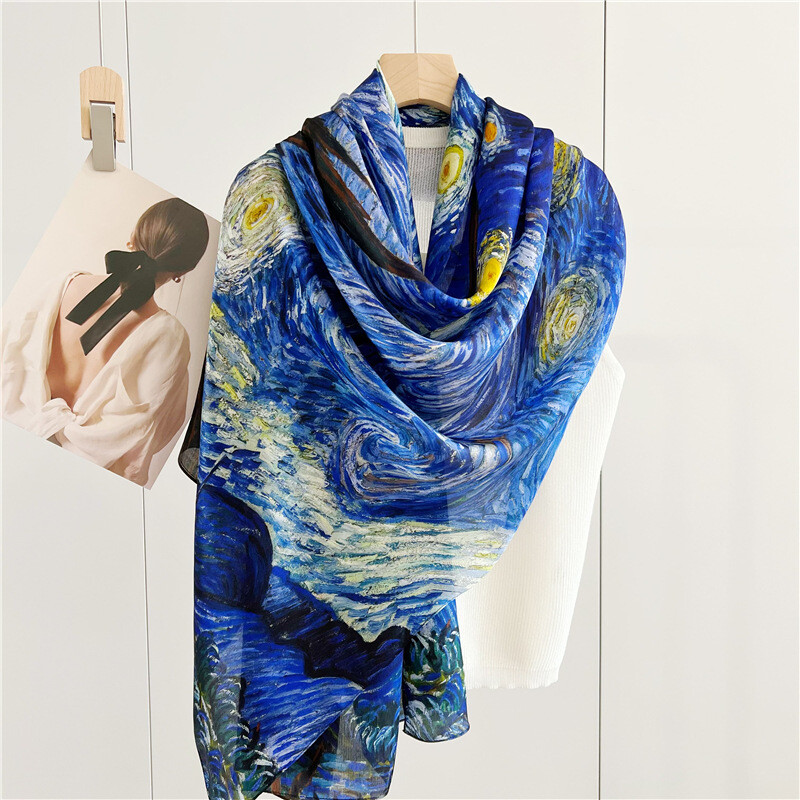 Womens Large Long 100% Mulberry Silk Scarf Vintage Shawl Blue Hand Rolled Gift