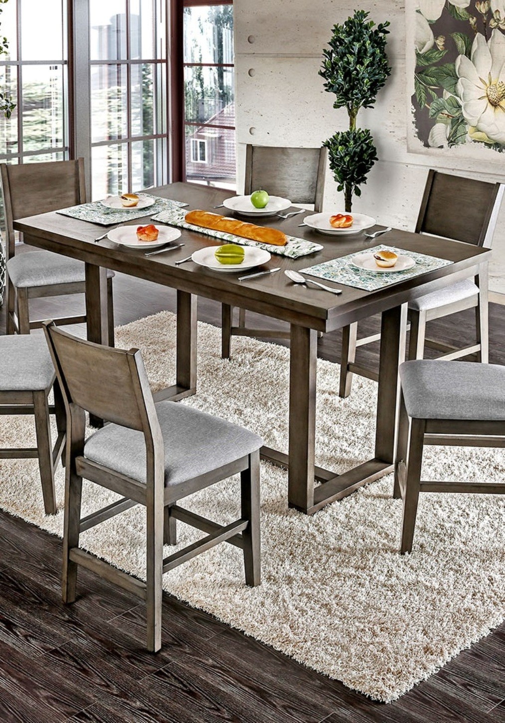 Grey 1pc countertop height dining table, solid wood center support