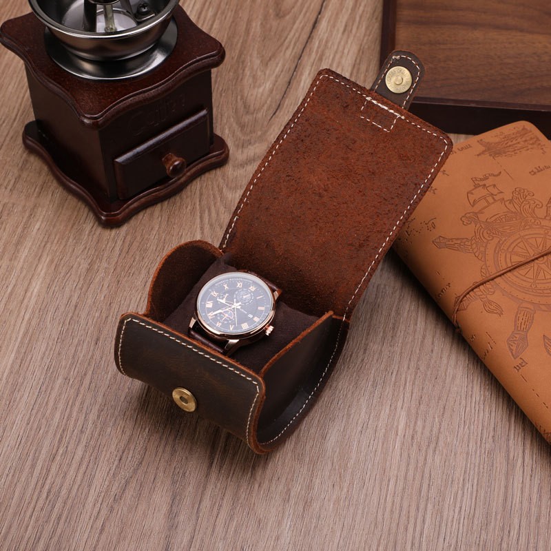 Genuine Crazy Horse Leather 1 Slot Watch Roll Travel Case Portable Storage Bag